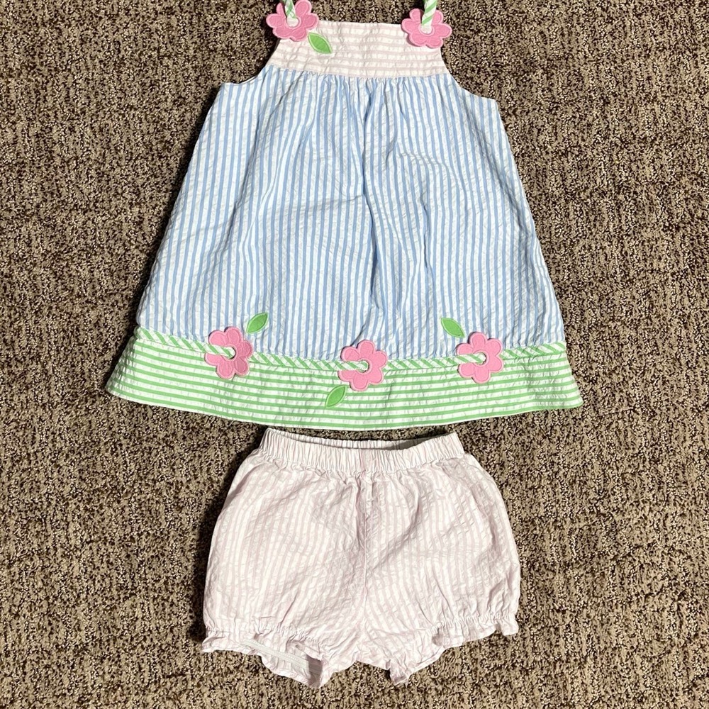 Florence Eiseman EUC Pastel Seersucker dress and bloomers set size 18m